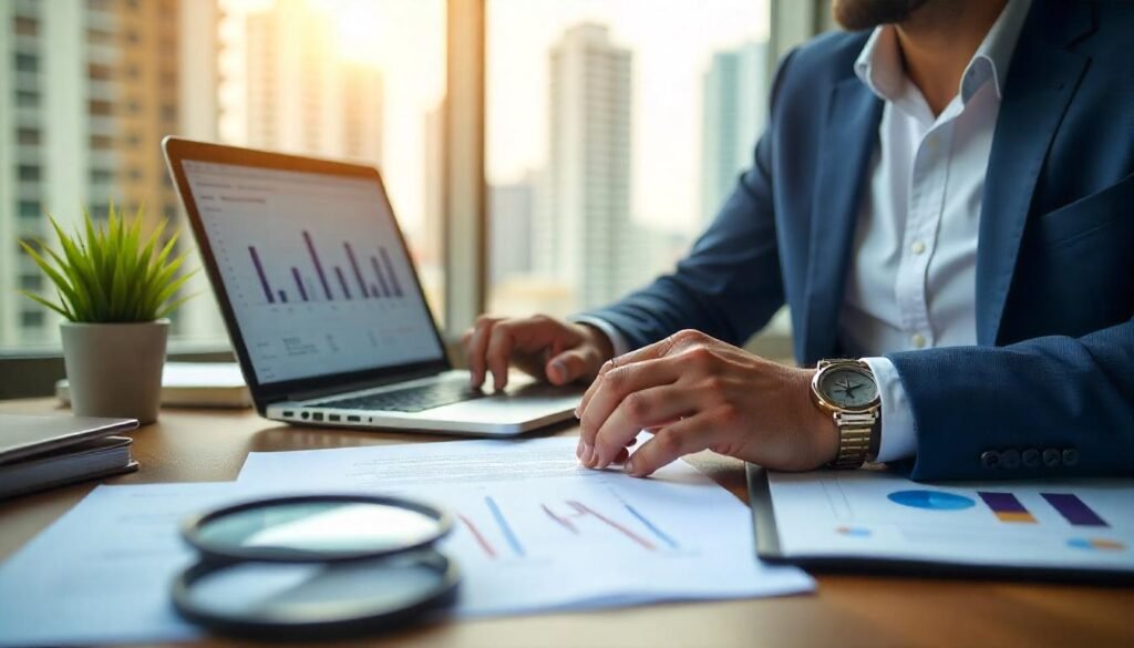 A professional illustration depicting a foreign investor analyzing financial and legal documents with a Brazilian cityscape in the background. The investor appears engaged, with a laptop open and charts on the screen, symbolizing data analysis. The setting includes elements of business, such as a contract on the table and a magnifying glass over a financial report, highlighting the theme of due diligence.